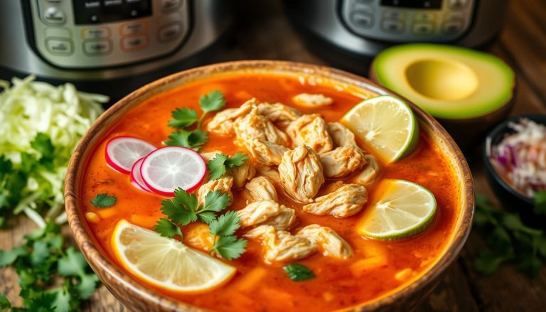 A rustic bowl of pozole soup (also called pazole), filled with hominy and shredded meat, served with vibrant toppings like radishes, lime wedges, and tortillas—perfect for a hearty chicken pozole feast.
