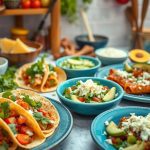 Assorted Mexican dishes—tacos, enchiladas, and salads—all finished with queso fresco, avocado, and bright veggies.