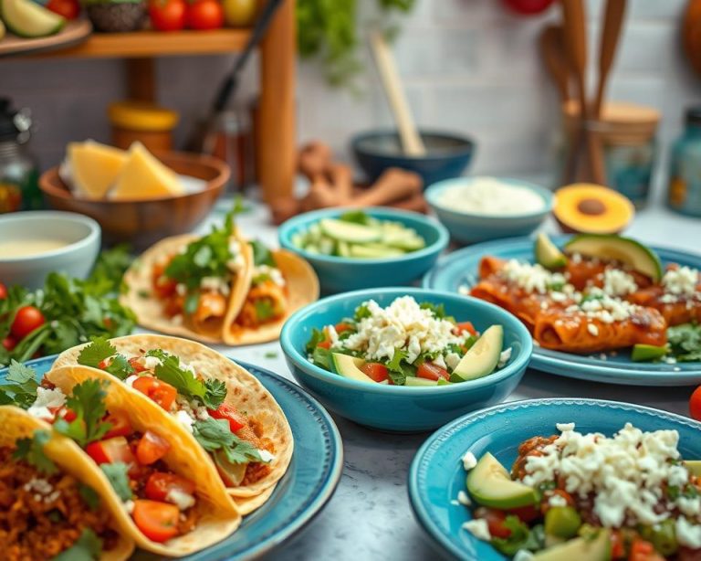 Assorted Mexican dishes—tacos, enchiladas, and salads—all finished with queso fresco, avocado, and bright veggies.