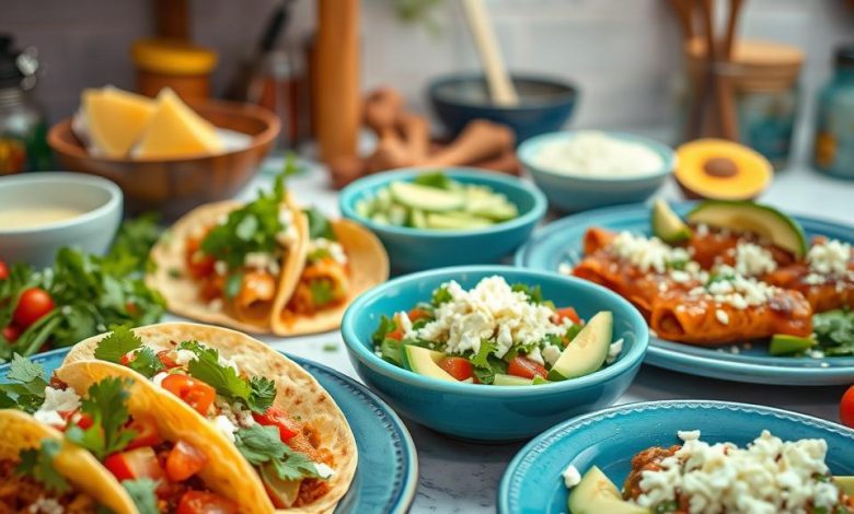 Assorted Mexican dishes—tacos, enchiladas, and salads—all finished with queso fresco, avocado, and bright veggies.