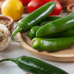 Fresh serrano peppers on a wooden plate surrounded by ingredients like garlic, lemon, and tomatoes, ready for cooking