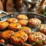 Juicy turkey sausage patties sizzling in a skillet, garnished with herbs and fresh vegetables