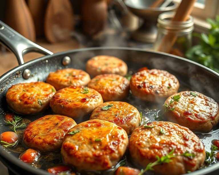 Juicy turkey sausage patties sizzling in a skillet, garnished with herbs and fresh vegetables