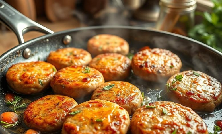 Juicy turkey sausage patties sizzling in a skillet, garnished with herbs and fresh vegetables