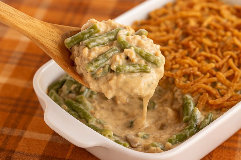 Close-up of a baked green bean casserole in a white dish, topped with golden-brown fried onions on a plaid tablecloth.