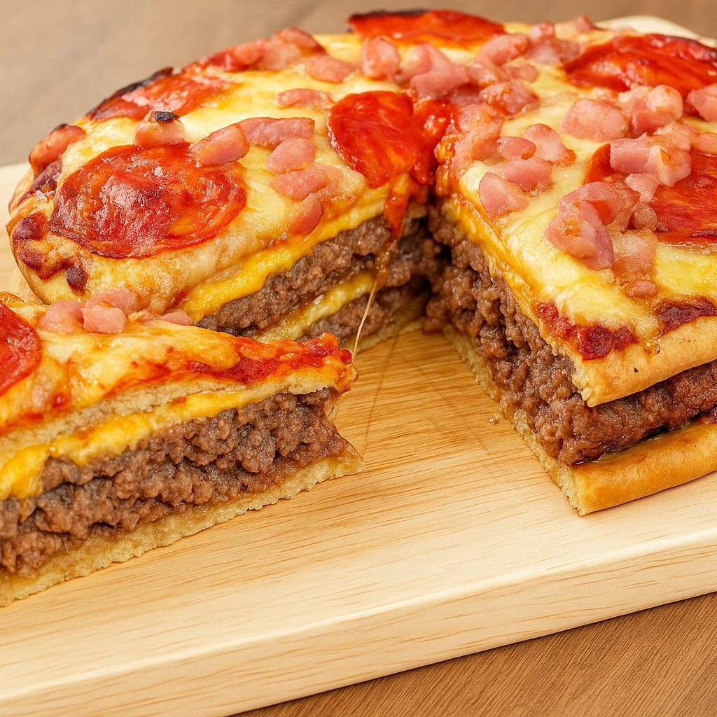 Homemade pizza burger pie with a crispy golden crust, gooey melted cheese, seasoned ground beef, and colorful pizza toppings, perfect for a hearty and flavorful meal