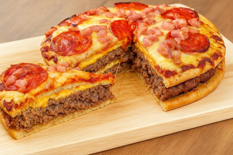 Homemade pizza burger pie with a crispy golden crust, gooey melted cheese, seasoned ground beef, and colorful pizza toppings, perfect for a hearty and flavorful meal