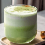 A close-up of a matcha latte topped with a delicate leaf design. The vibrant green hue contrasts beautifully with the creamy milk, highlighting a smooth, velvety texture perfect for sipping