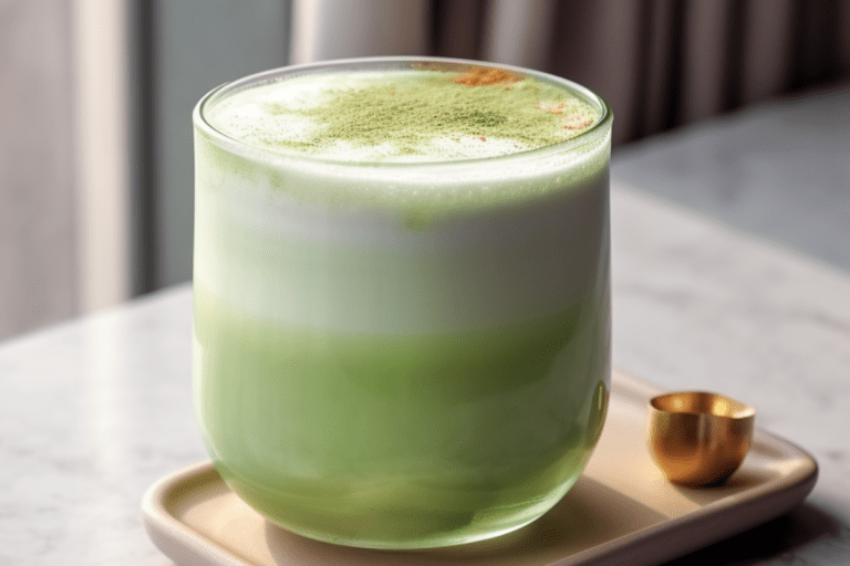 A close-up of a matcha latte topped with a delicate leaf design. The vibrant green hue contrasts beautifully with the creamy milk, highlighting a smooth, velvety texture perfect for sipping