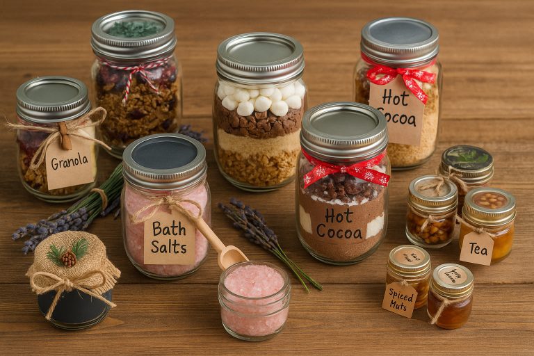 Rustic wooden table with nine homemade mason jar gifts, including bath salts, granola, hot cocoa mix, and tea, decorated with twine, handwritten labels, cinnamon sticks, and lavender sprigs.
